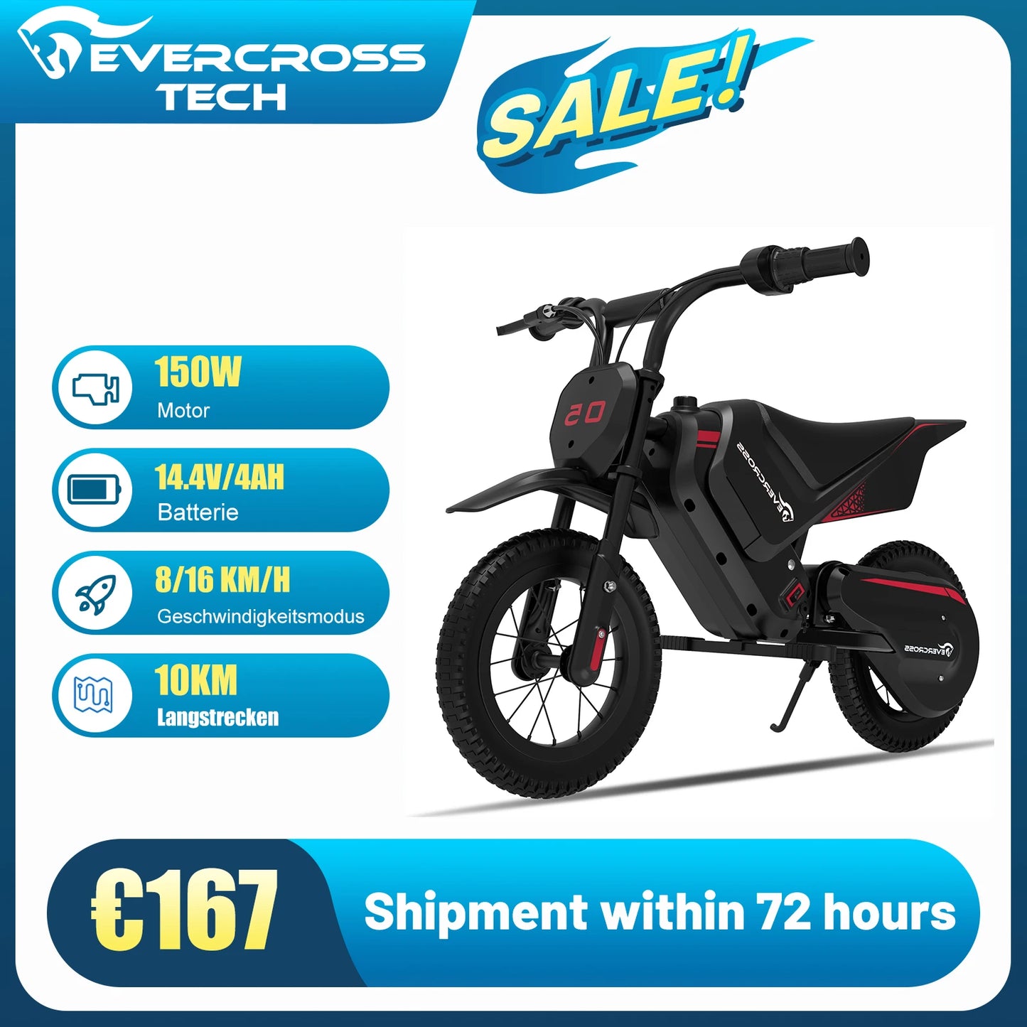 EVERCROSS TECH EV05M Electric Motorbike for children, 150W, speeds 8/16 km/h, battery life up to 10 km, Motorbike Cross 12 inches for