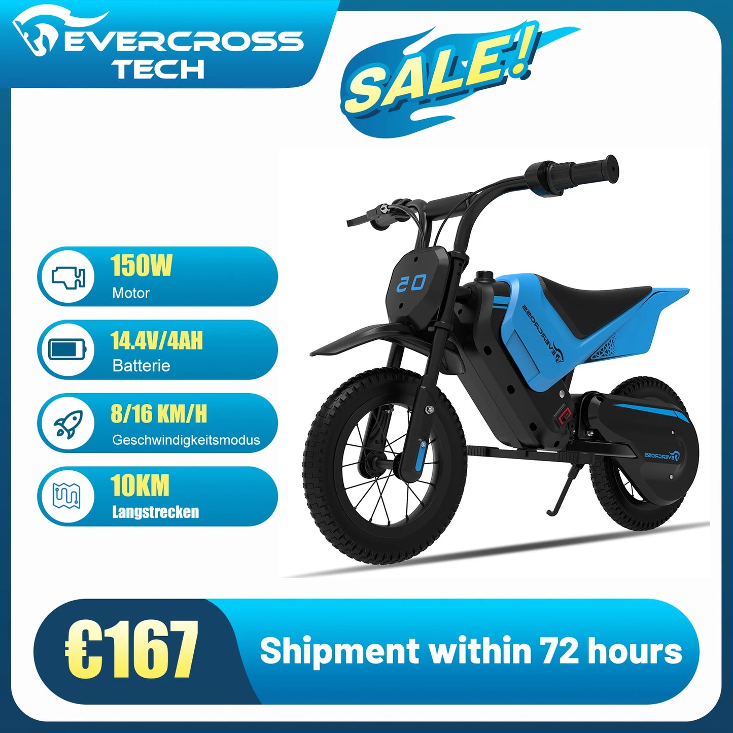 EVERCROSS TECH EV05M Electric Motorbike for children, 150W, speeds 8/16 km/h, battery life up to 10 km, Motorbike Cross 12 inches for