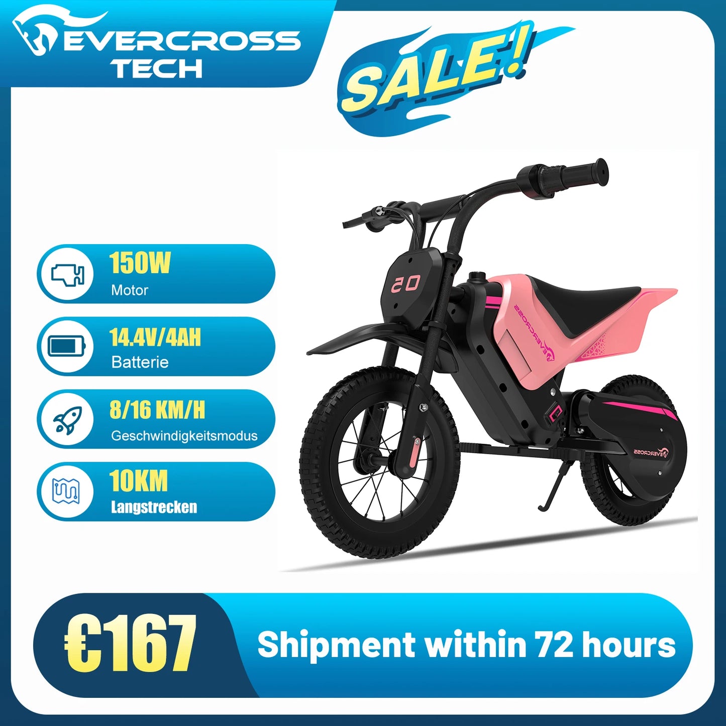 EVERCROSS TECH EV05M Electric Motorbike for children, 150W, speeds 8/16 km/h, battery life up to 10 km, Motorbike Cross 12 inches for