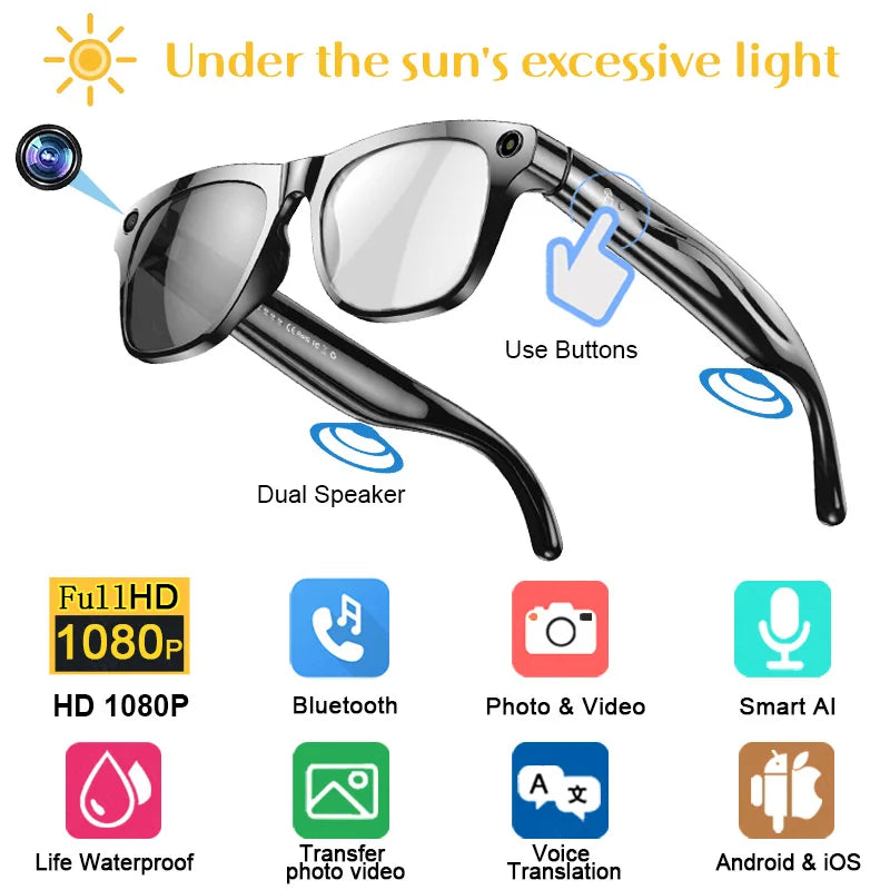 4K AI Smart Glasses Multifunction Camera For Xiaomi Bluetooth Call Voice Assistant Music Player Translate Photochromic Glasses