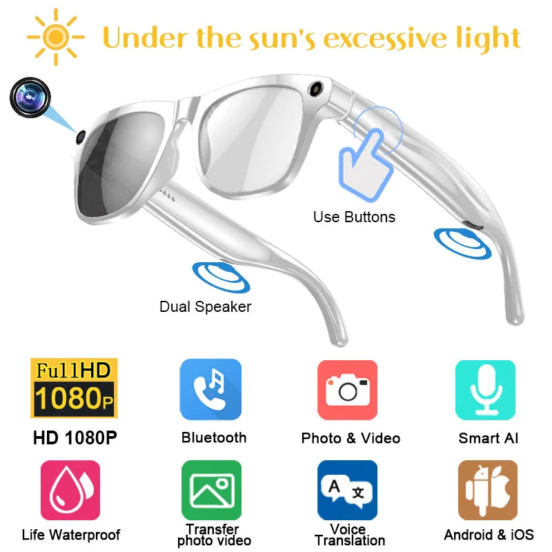 4K AI Smart Glasses Multifunction Camera For Xiaomi Bluetooth Call Voice Assistant Music Player Translate Photochromic Glasses